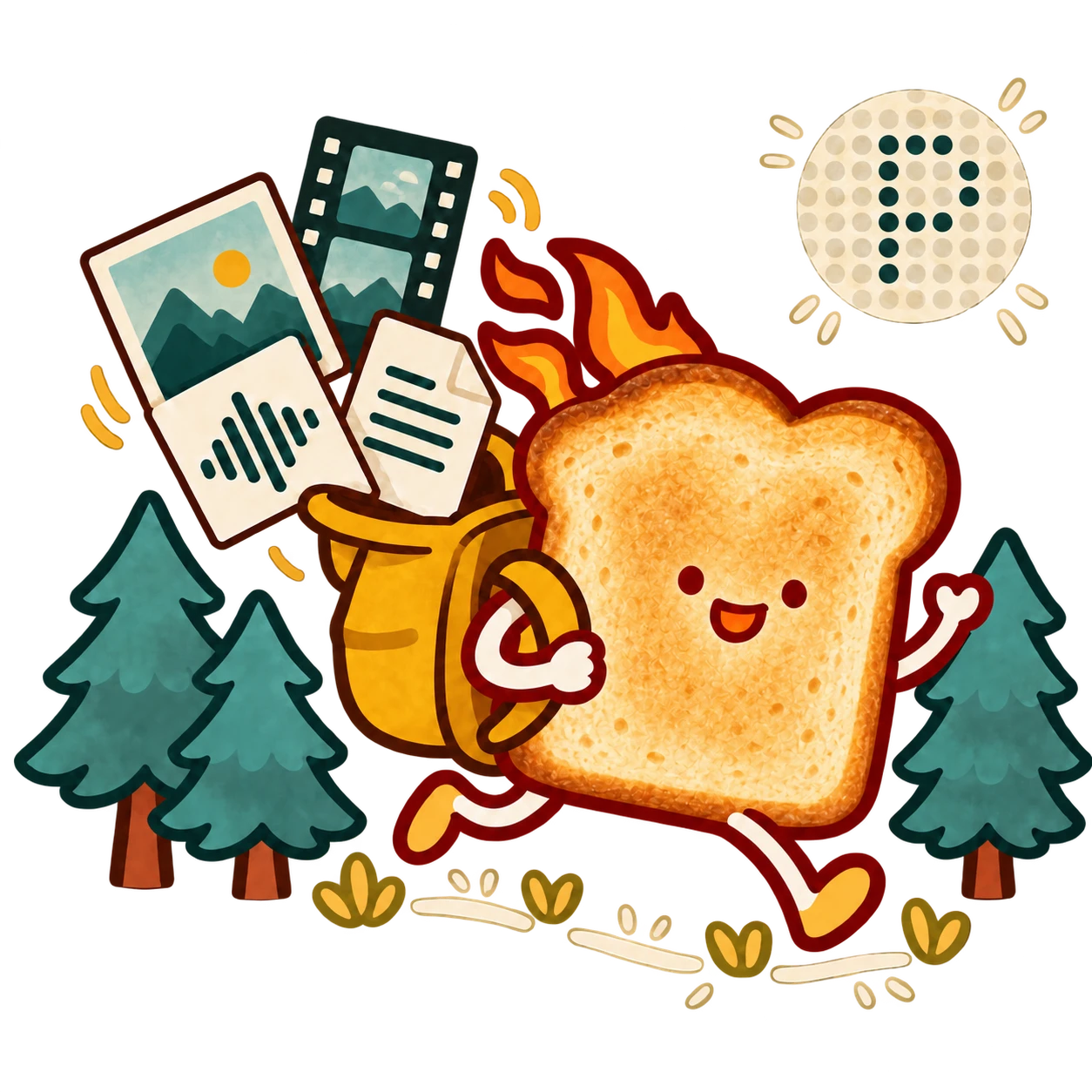 A happy golden slice of toast runs through pine trees with its corner on fire and a backpack full of photos, film, audio, and documents. A moon bearing the Pixeltable symbol lights its path.